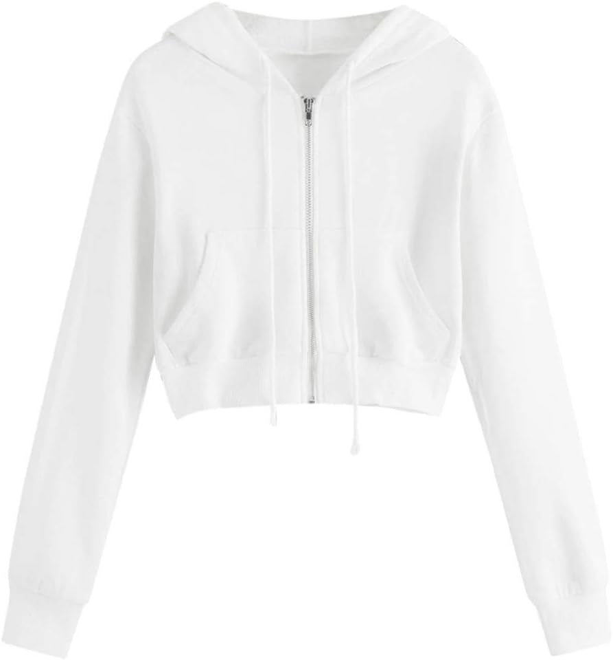 Crop Tops Hoodies for Women Teen Girls Casual Zip up Long Sleeve Sweatshirt (A-White,M)