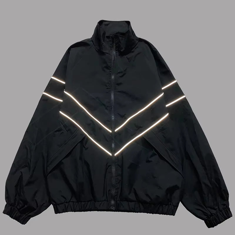 2024 Men Hip Hop Streetwear Reflective Striped Jacket Coat Zipper up Jacket Windbreaker Harajuku Thin Jacket Sports Black Blue