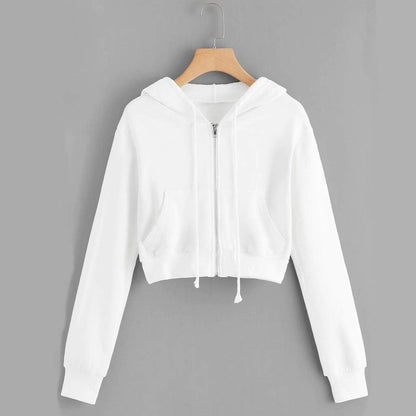 Crop Tops Hoodies for Women Teen Girls Casual Zip up Long Sleeve Sweatshirt (A-White,M)